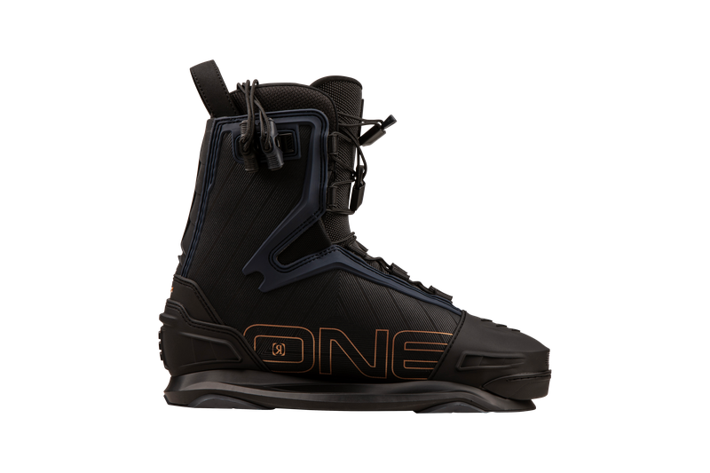 The Ronix 2025 One Carbitex Boots are high-response black and dark brown wakeboard boots that showcase the word ONE on the side. They feature a lace-up fastening system and an Intuition+ heat moldable liner for a custom fit. The Carbitex Omniflex material is used to enhance flexibility and performance.