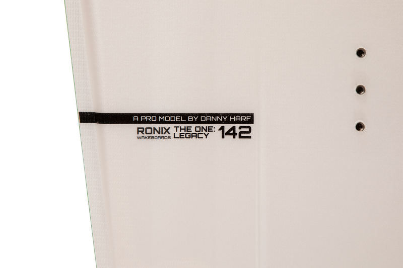 Close-up of a wakeboard bearing the text: A Pro Model by Danny Harf, Ronix 2025 One Legacy Wakeboard. Expertly crafted with CNC machined foam, it's truly worthy of wakeboarding's royalty.