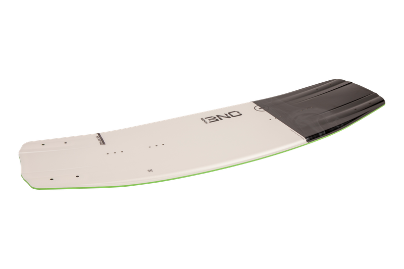 A white and black wakeboard branded as Ronix, the One Legacy model for 2025, featuring a slightly curved design, multiple mounting holes, and crafted from CNC machined foam for precision.