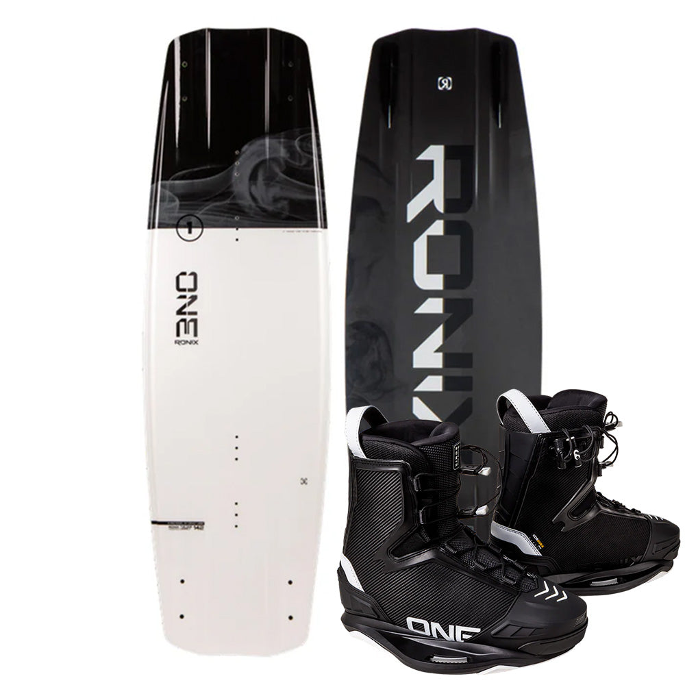 The Ronix 2025 One Legacy Wakeboard exhibits a striking black and white design with an enhanced rockerline, perfectly matched with the sleek black and gray One Boots for optimal hangtime.