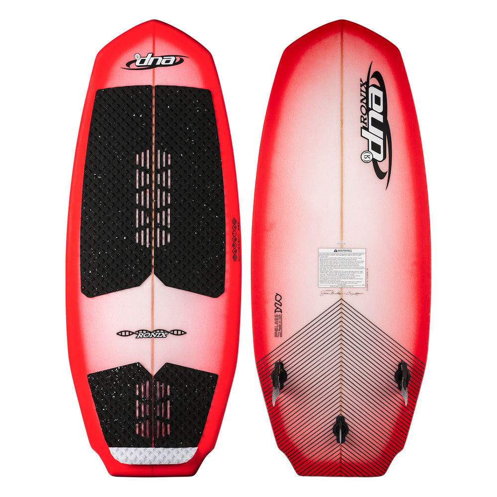 Two views of the Ronix Flyweight Pro DNA Wakesurf Board 2026: one highlights black textured foot pads, the other shows its patterned red and white underside with fin mounts and the Ronix logo.