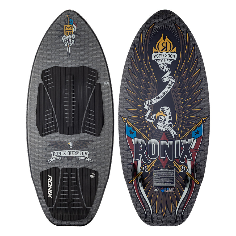 Two views of the Ronix M50 Dark Matter Wakesurf Board 2026: one side features textured black grip pads, the other displays an eagle graphic, Est. 2006, bold fonts, and durable Dark Matter construction for top-tier performance.