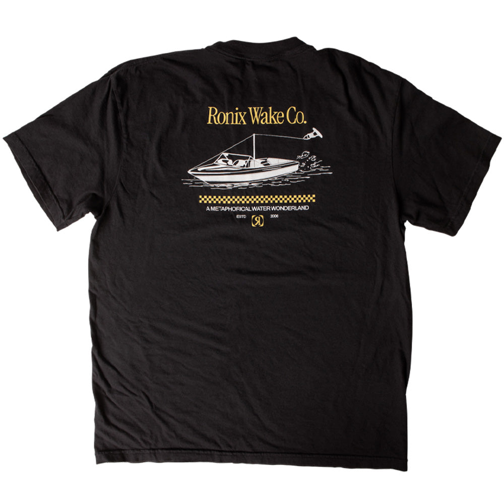 The Ronix Old Skool Tee is a black t-shirt featuring a boat towing a wakeboarder graphic on the back with “Ronix Wake Co.” above and smaller details below. Brand: Ronix.