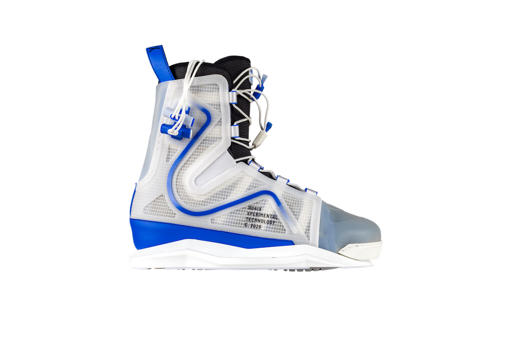 The Ronix RXT Boots 2026 by Ronix feature Mainframe 2.0 High Cut Technology, a translucent upper with blue and white accents, black laces, and a chunky white sole, shown on a plain white background.