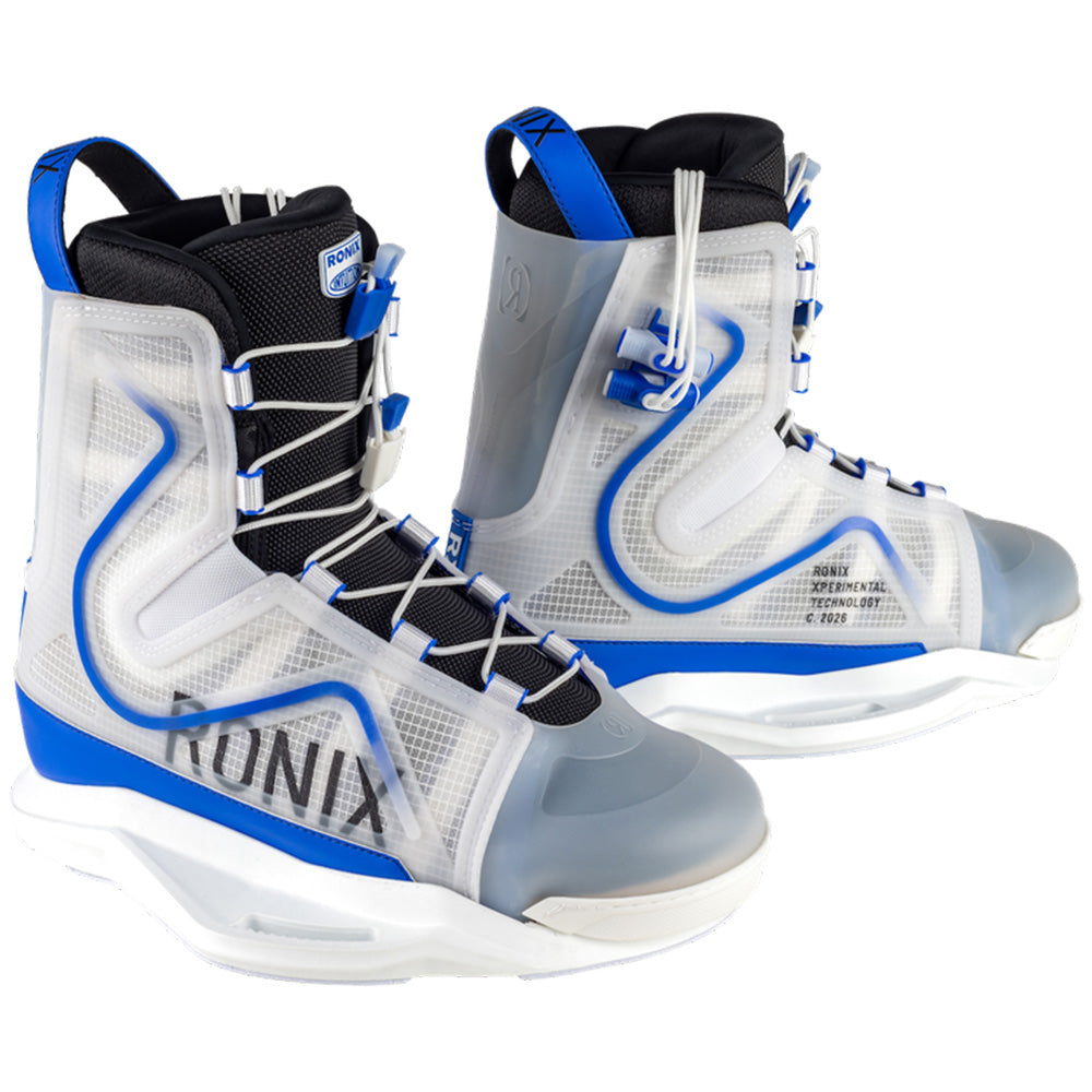 The Ronix RXT Boots 2026 are white and blue wakeboard boots with black accents, a translucent outer, laces, rear pull straps, and branding—designed for lightweight support with Mainframe 2.0 High Cut Technology.