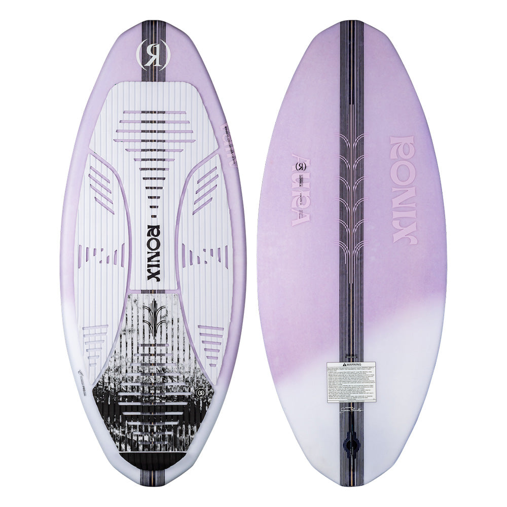 Two views of the Ronix Women's Aura Flyweight Skimmer 2026 show its purple and white design with black geometric patterns, grip pads, branded flyweight construction, and bottom logo near the fin area—made for advanced performance.