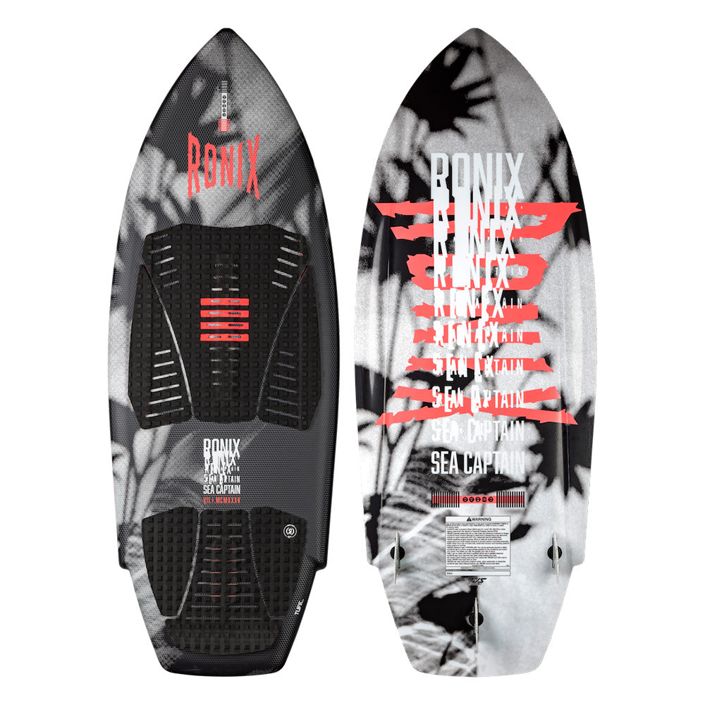 Two Ronix Women's Sea Captain Wakesurf Boards 2026 are shown: one with textured foot pads on the front, the other with bold red text and a palm leaf pattern on the back—durable and quick-reacting, ideal for women surfers.