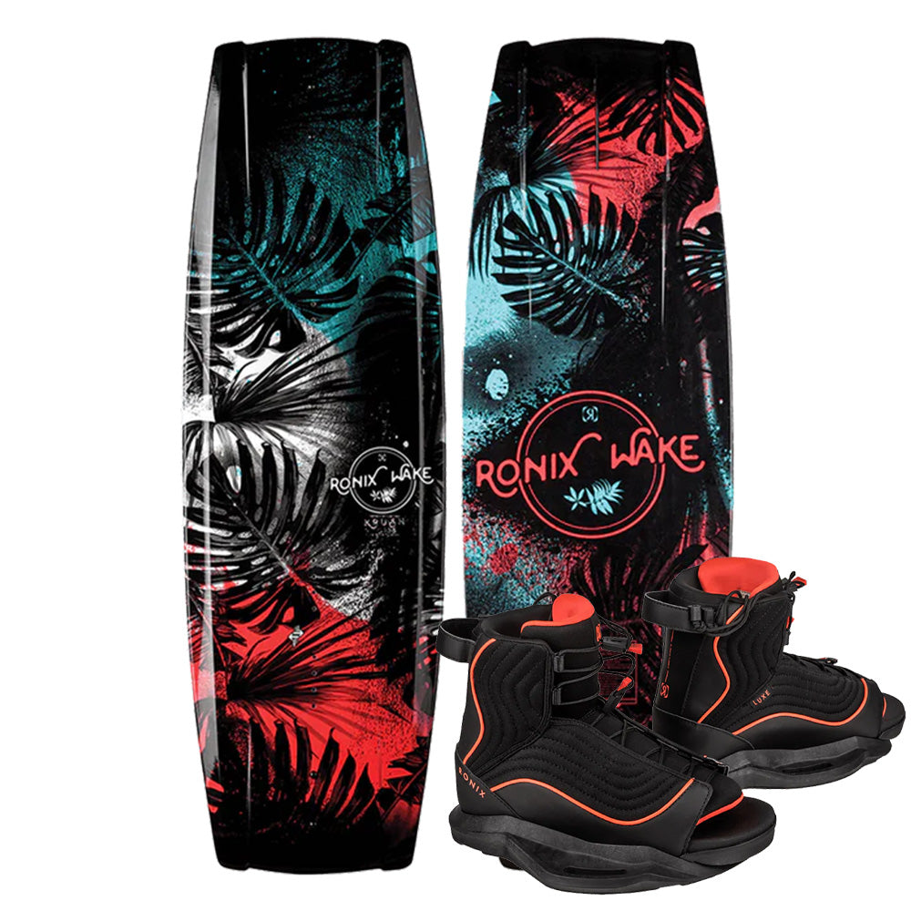 Discover the exhilaration of the Ronix 2025 Krush Wakeboard paired with Luxe Bindings. This setup, adorned with a vibrant tropical leaf pattern in red, blue, and black, includes sleek black and red boots designed for an optimal centripetal riding experience on the waves.