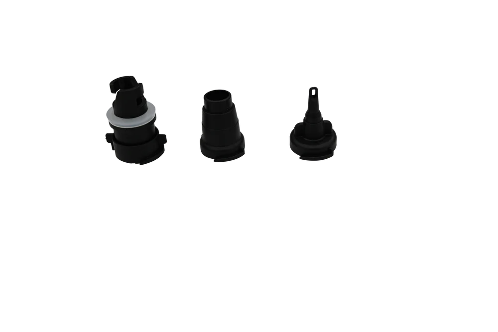 Three black plastic nozzles of various shapes and sizes, compatible with the Seipel Marine Handheld Air Pump by Seipel Marine, are arranged in a row on a plain white background.