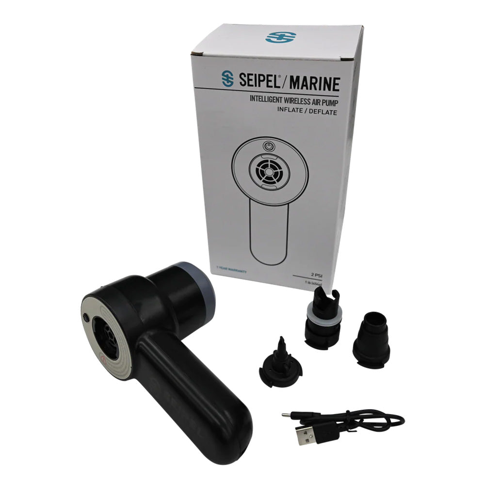 A black Seipel Marine Handheld Air Pump with three nozzles, including a Halkey Roberts fitting, plus a USB cable and packaging labeled “Seipel Marine Intelligent Wireless Air Pump” with an illustration of the device.