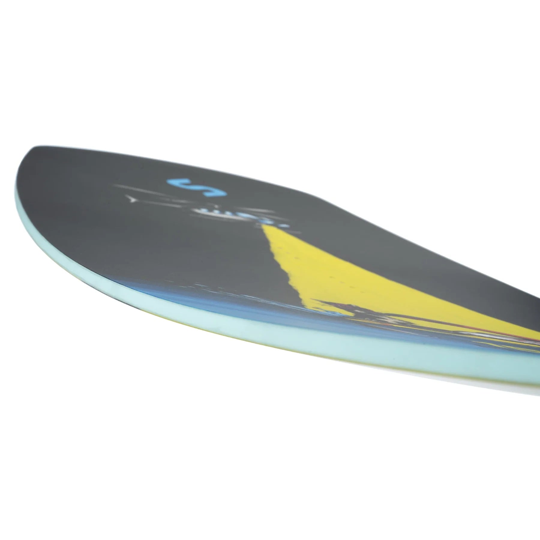 Close-up of the Slingshot 2025 Bearden Wakeboard's tip, featuring a black and yellow graphic design. It showcases its smooth edge, chined rails, and white sidewall against a plain background.