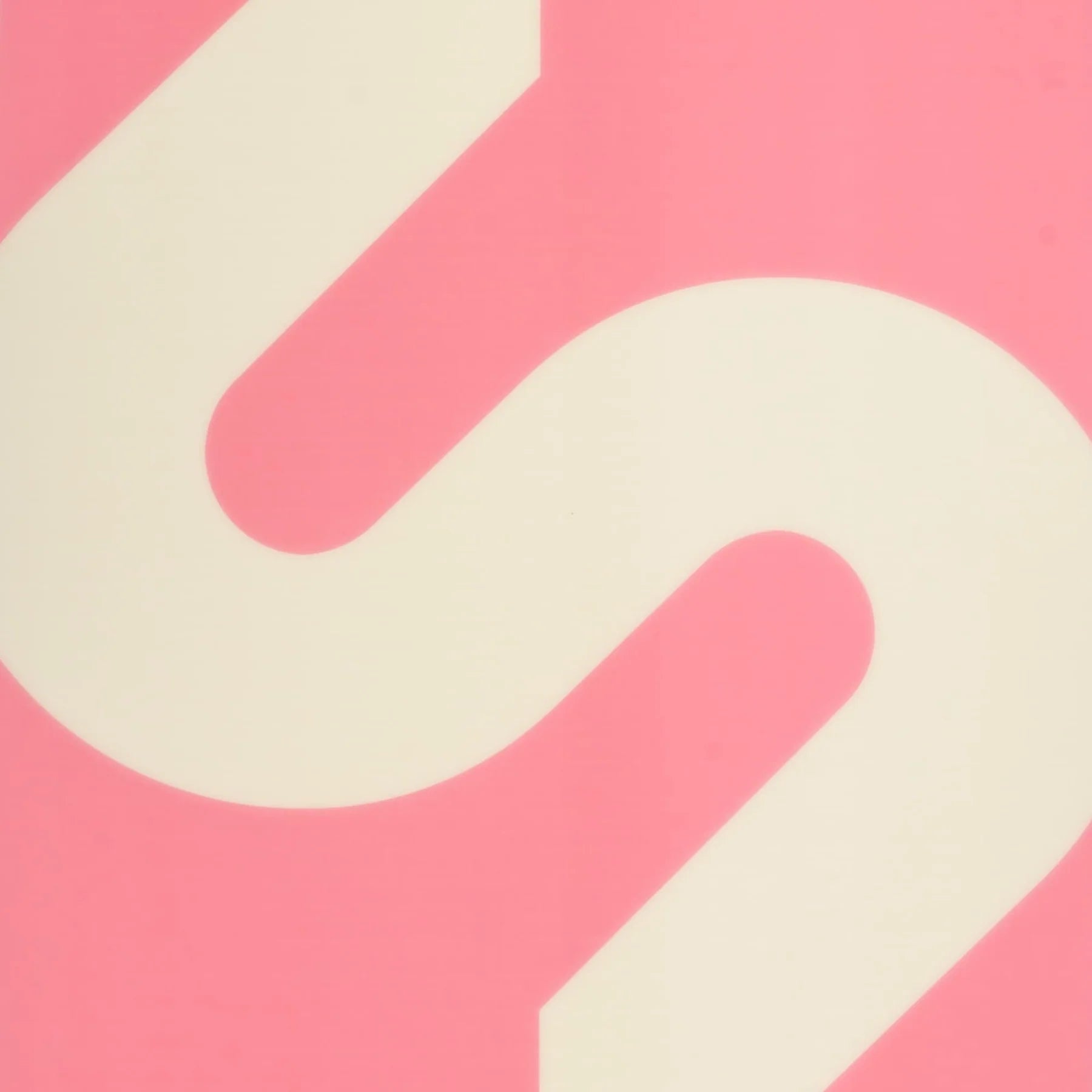 The design features an abstract white, curved, elongated S shape set against a pink background, resembling the sleek base of the Slingshot 2025 Salmon Wakeboard.