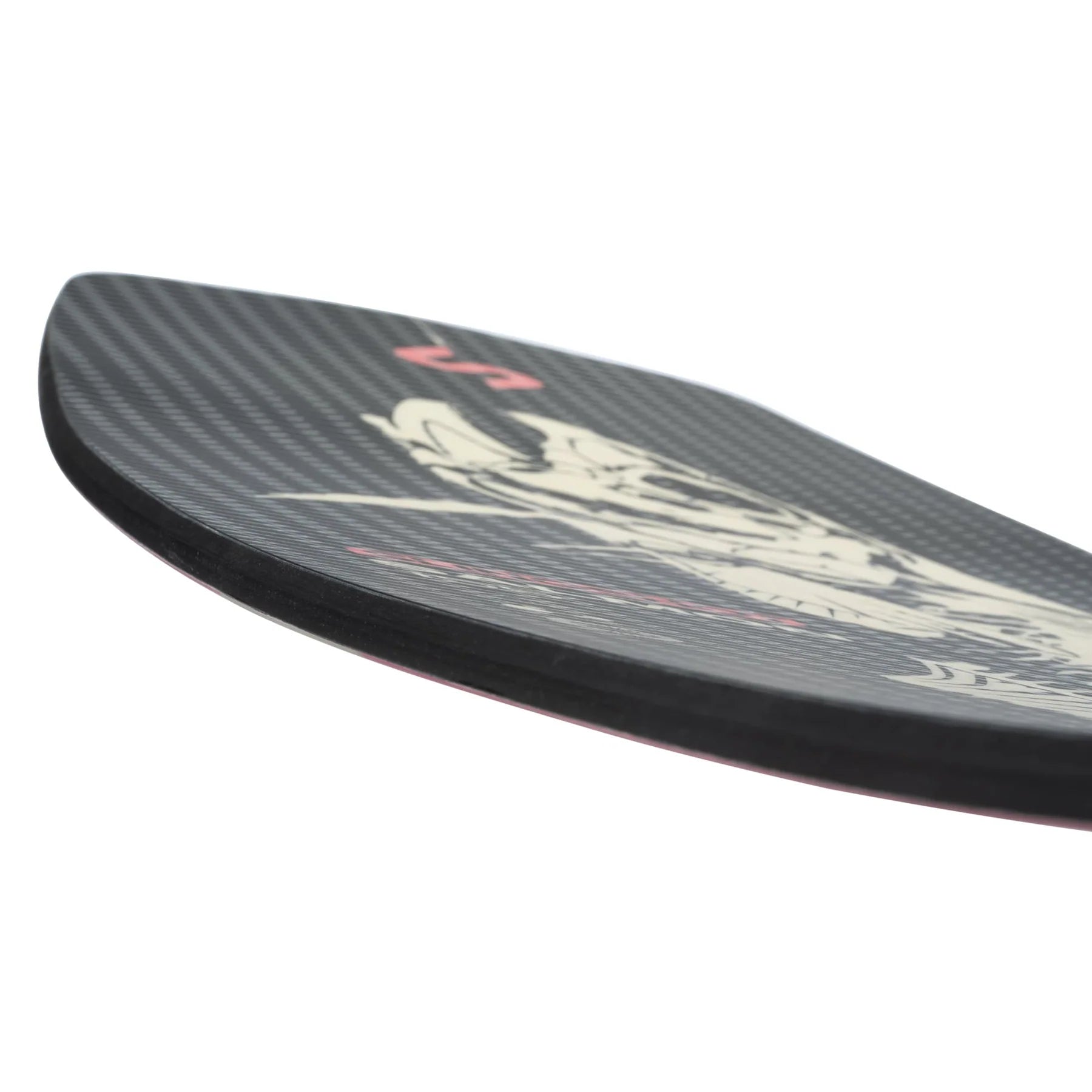 Close-up of a carbon fiber snowboard featuring a smooth ballistic base adorned with an eagle graphic, reminiscent of the sleek designs found in Slingshot’s 2025 Salmon Wakeboard.