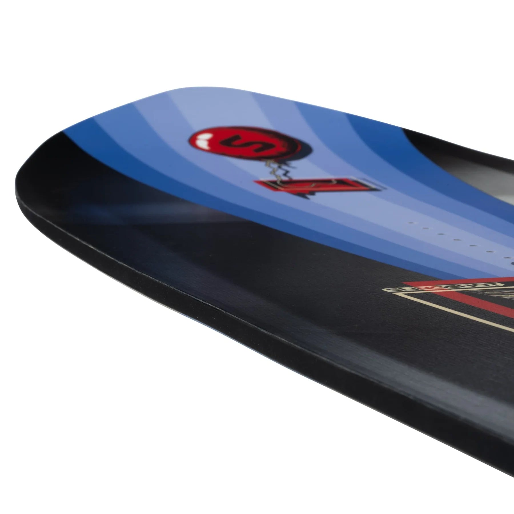 Close-up of the Slingshot 2025 Space Rover Wakeboard - 165cm, showcasing a blue and black design with a stylized number 1, enhanced by an Atomic Wood Core and featuring a red circle logo near the tail.