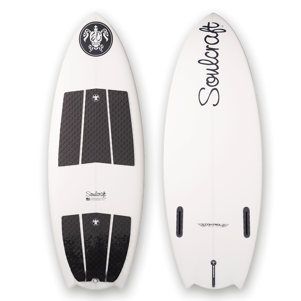A Soulcraft Control Freak Wakesurf Board with a black logo designed for intermediate riders looking for speed generation and control.