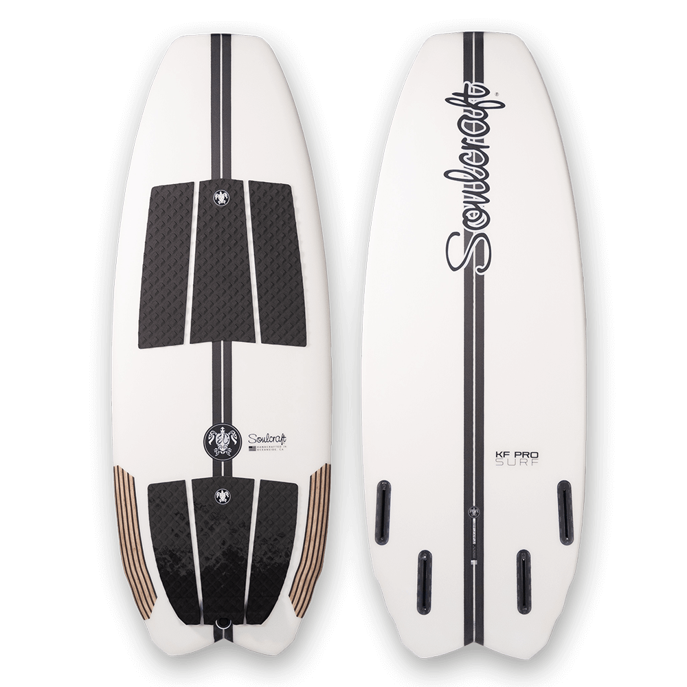 The Soulcraft KF Pro Surf Wakesurf Board by Soulcraft is a performance-driven wakeboard designed for efficiency, featuring a sleek white and black design with a bold black stripe.