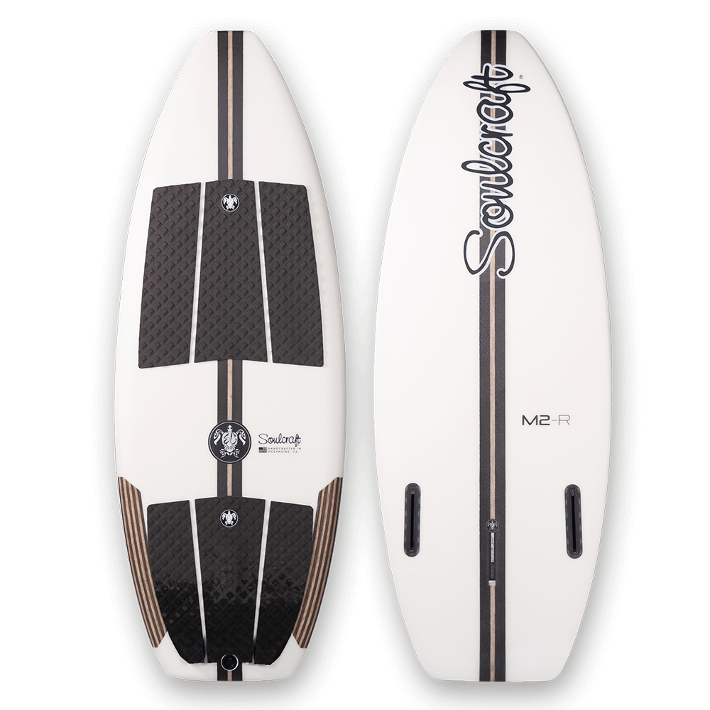 A Soulcraft M2-R Wakesurf Board with black and brown stripes from the R-Series collection.
