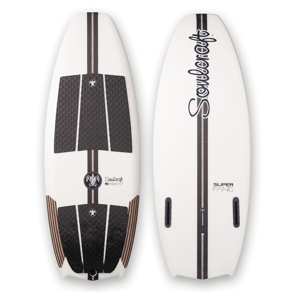 A white and brown Soulcraft SuperFang-R Wakesurf Board with a black stripe featuring R-Series carbon fiber technology.