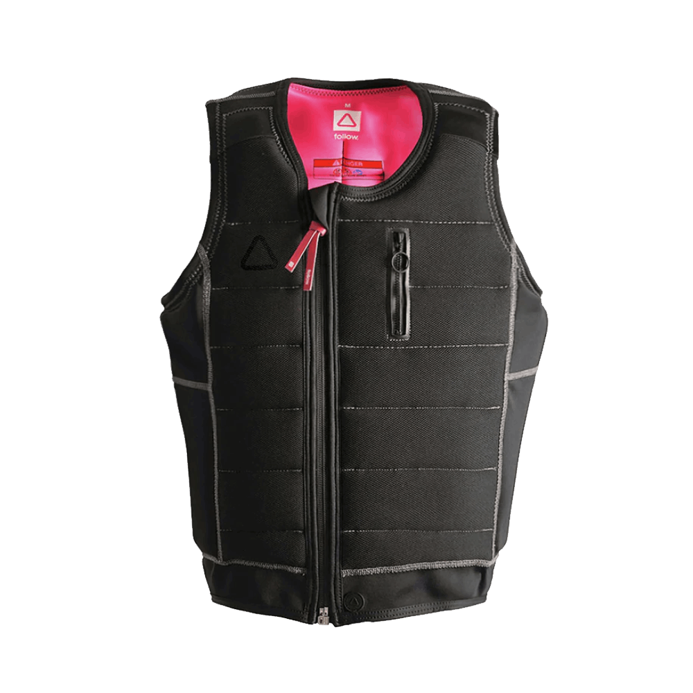 A Follow Wake TrueFit black vest with a pink zipper.