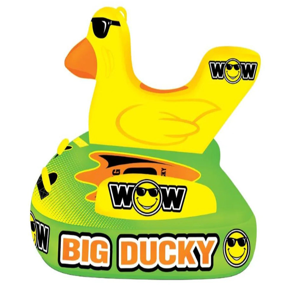 Inflatable yellow and green 'Big Ducky' tube with sunglasses and 'WOW' branding on a white background.