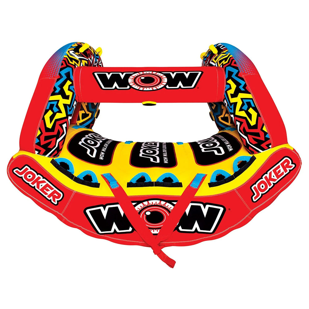 Colorful inflatable tube with 'WOW' and 'Joker' branding on a white background