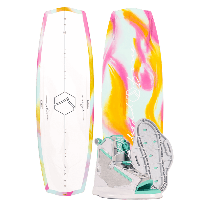 A Liquid Force 2024 Angel Wakeboard with a pair of Plush 6R bindings.