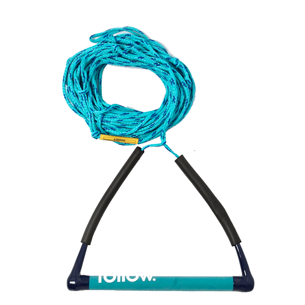 A high-quality Follow Wake rope with a teal and black design, attached to an additional rope.