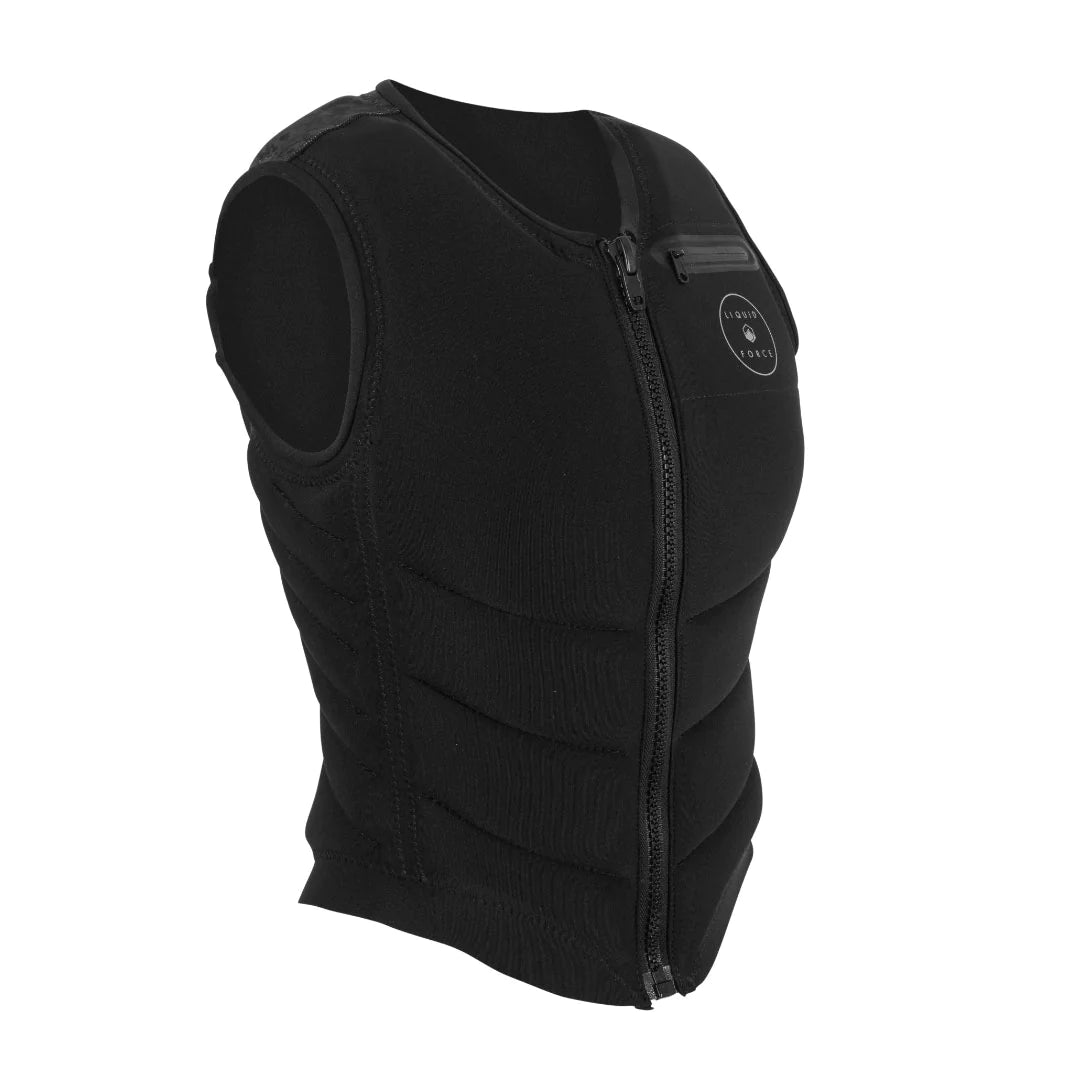 A Liquid Force Breeze Ladies Comp Vest with a zipper and Power-Flex Neoprene material.