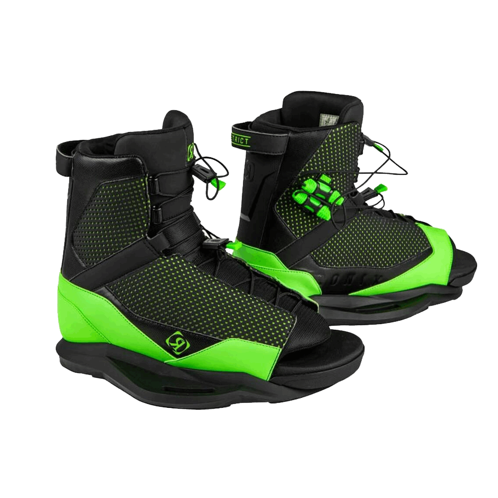 A pair of 2021 Ronix District Bindings in a customizable fit featuring a black and green design, known as the District boot.