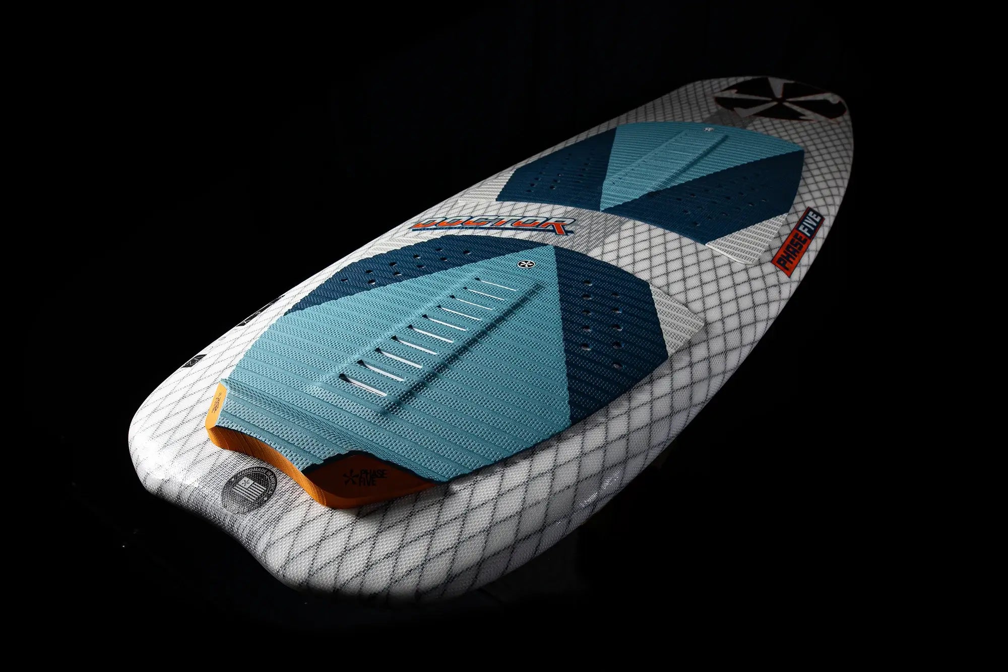 A Phase 5 2024 Doctor Wakesurf Board, designed for experienced riders, showcasing stability and board control, set against a sleek black background.