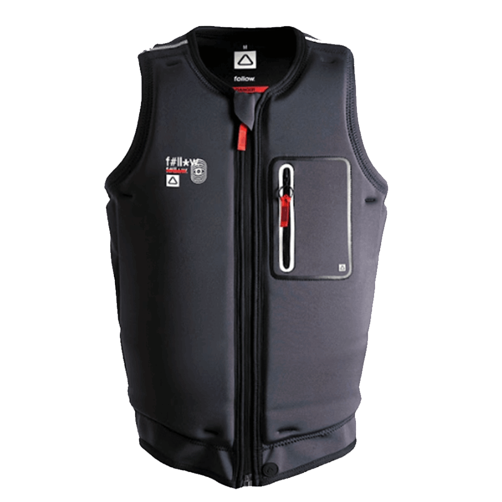 A black vest with a red zipper featuring the Follow 2022 F#*FED Men's Jacket - Black from Follow Wake.