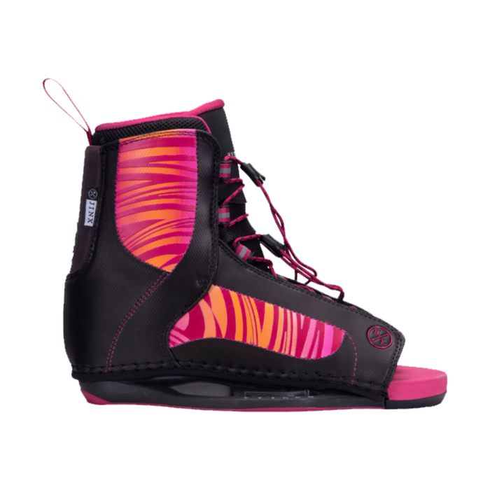 A pair of Hyperlite 2023 Cadence wakeboard boots with pink and black stripes, designed by Bec Gange.