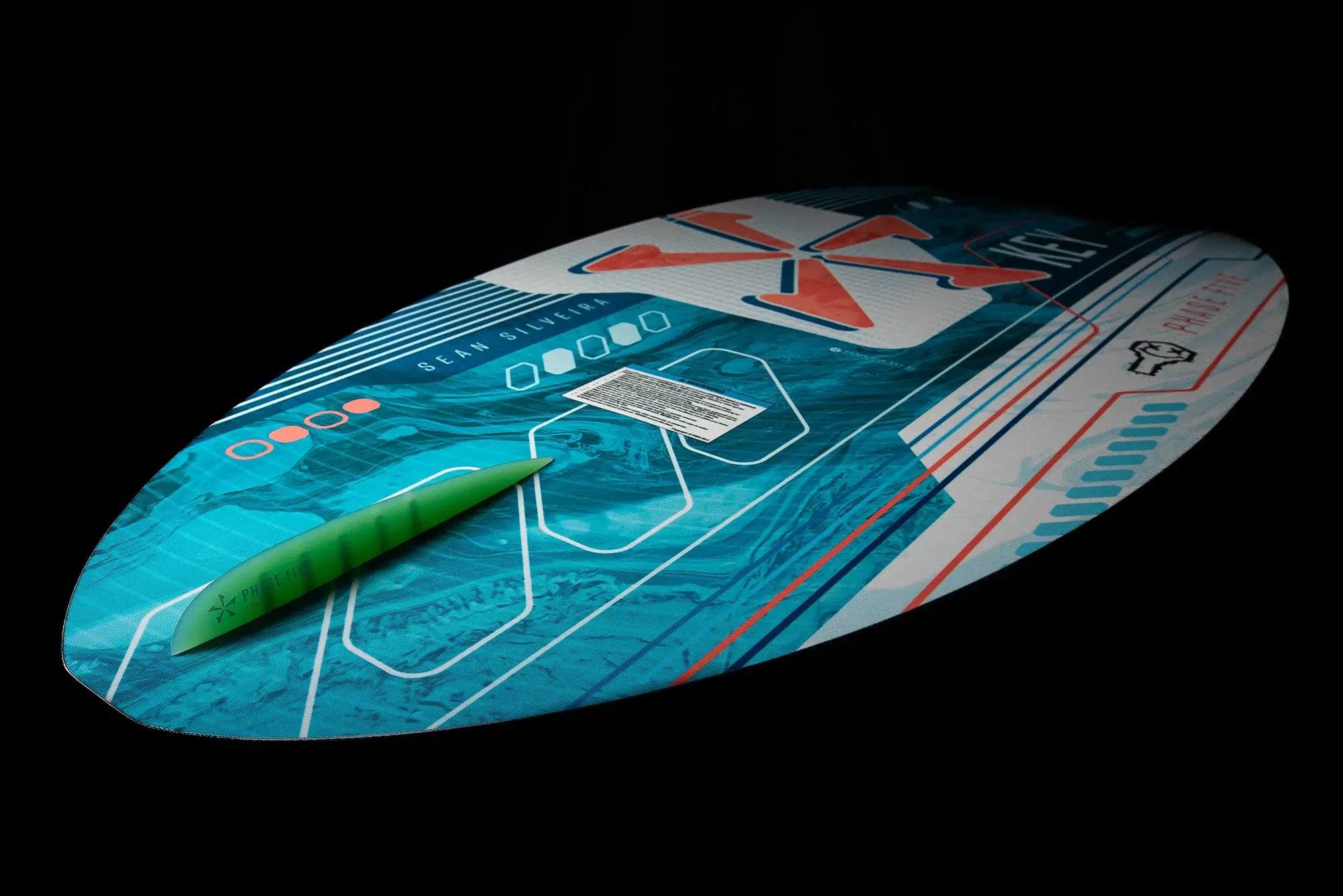 An image of a Phase 5 2024 Key Wakesurf Board on a black background.