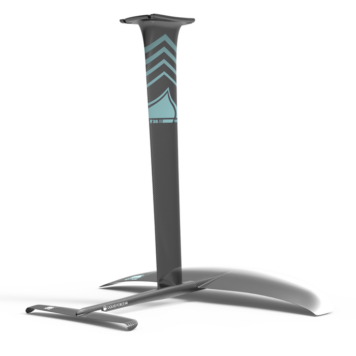 A black and blue Liquid Force Orb | Carbon Horizon Surf 155 Foil Package stand with a logo on it.