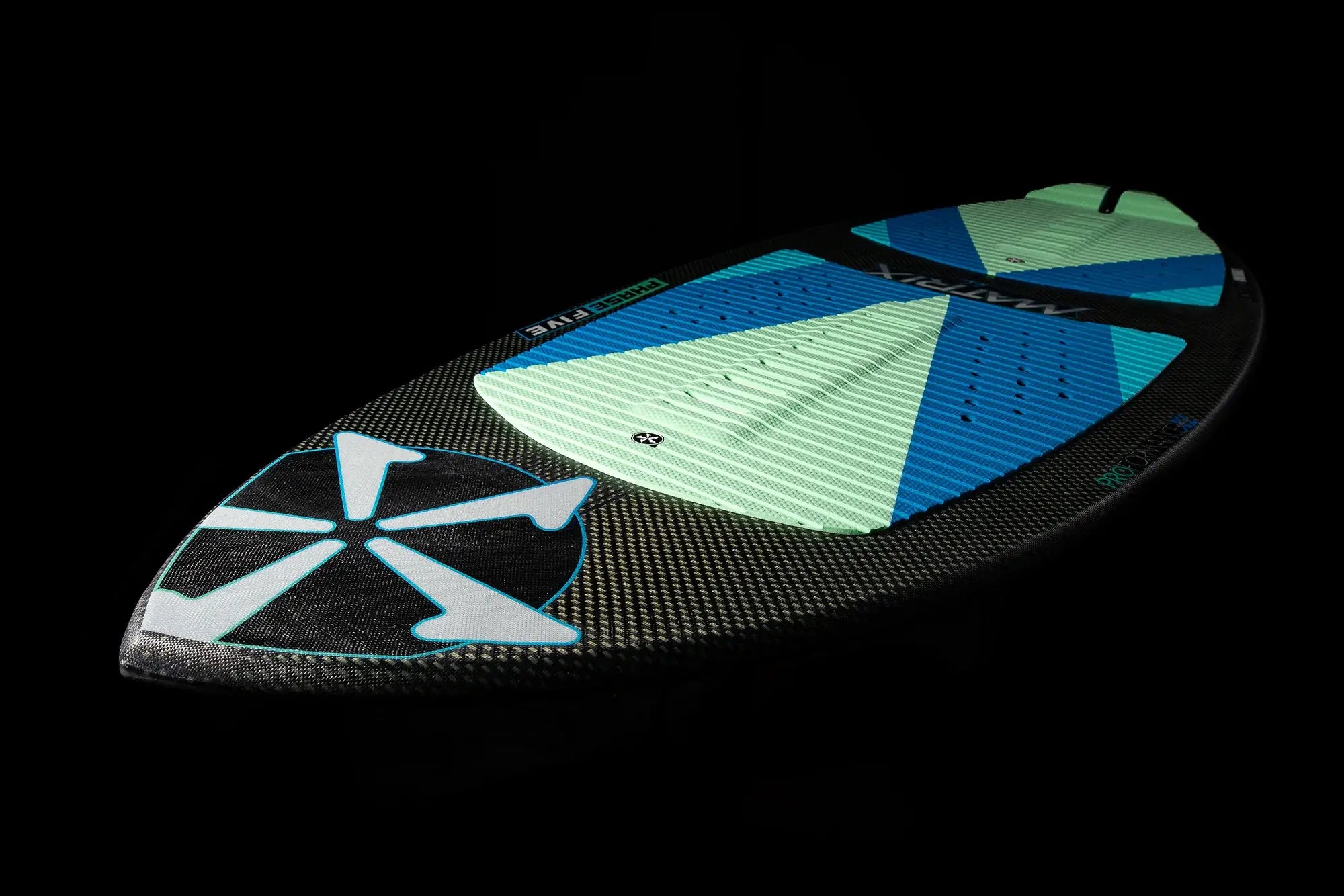 A Phase 5 2024 Matrix Payne Pro Wakesurf Board with a blue and green design.
