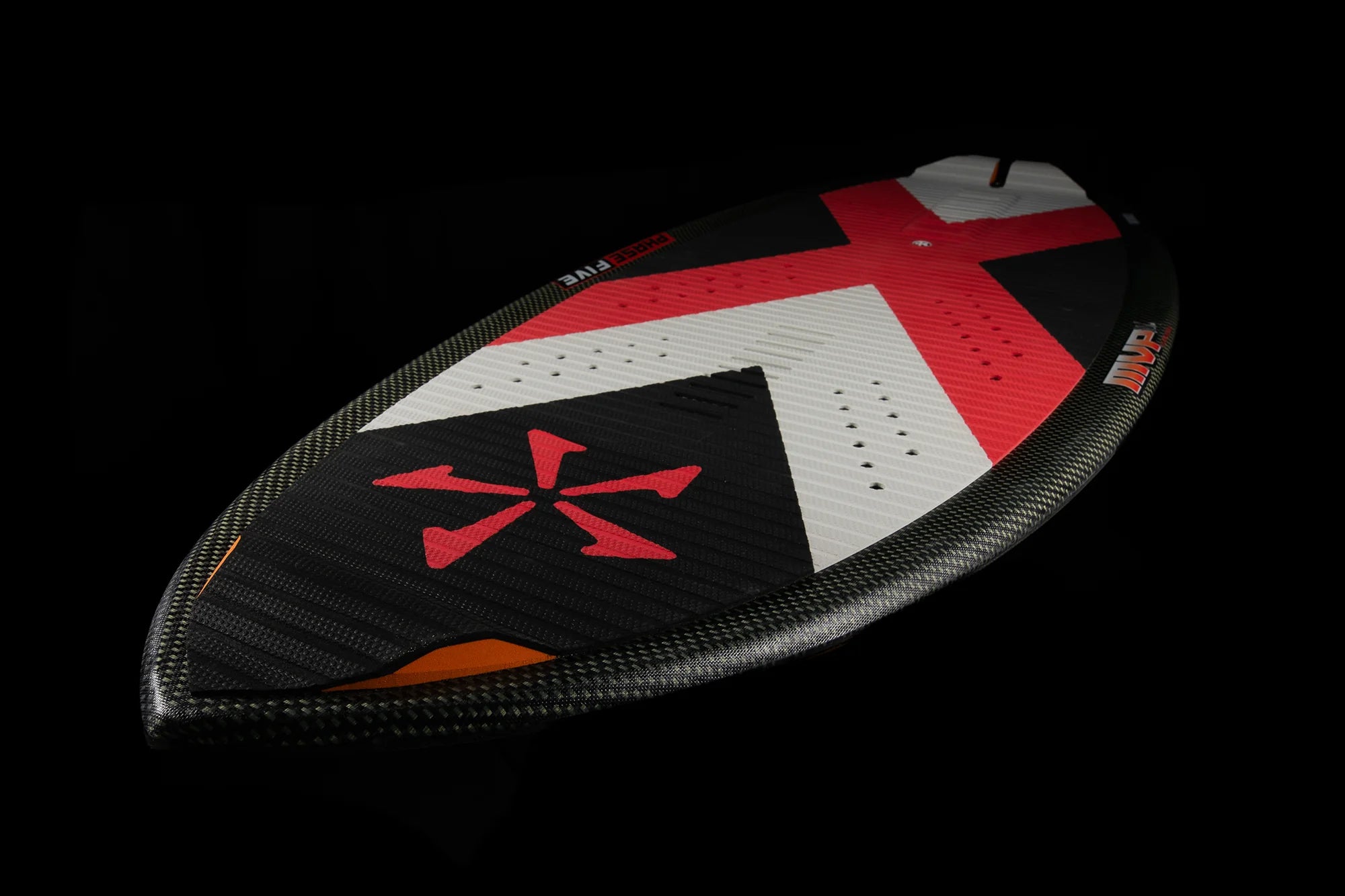 The Phase 5 2024 MVP LTD Wakesurf Board features a red and black design, perfect for skim style riding. Its Techno Traction V2 EVA grip pad ensures optimal stability and control.