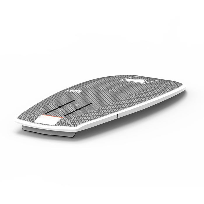 A white and black Liquid Force Orb surfboard with carbon Innegra construction on a white surface.
