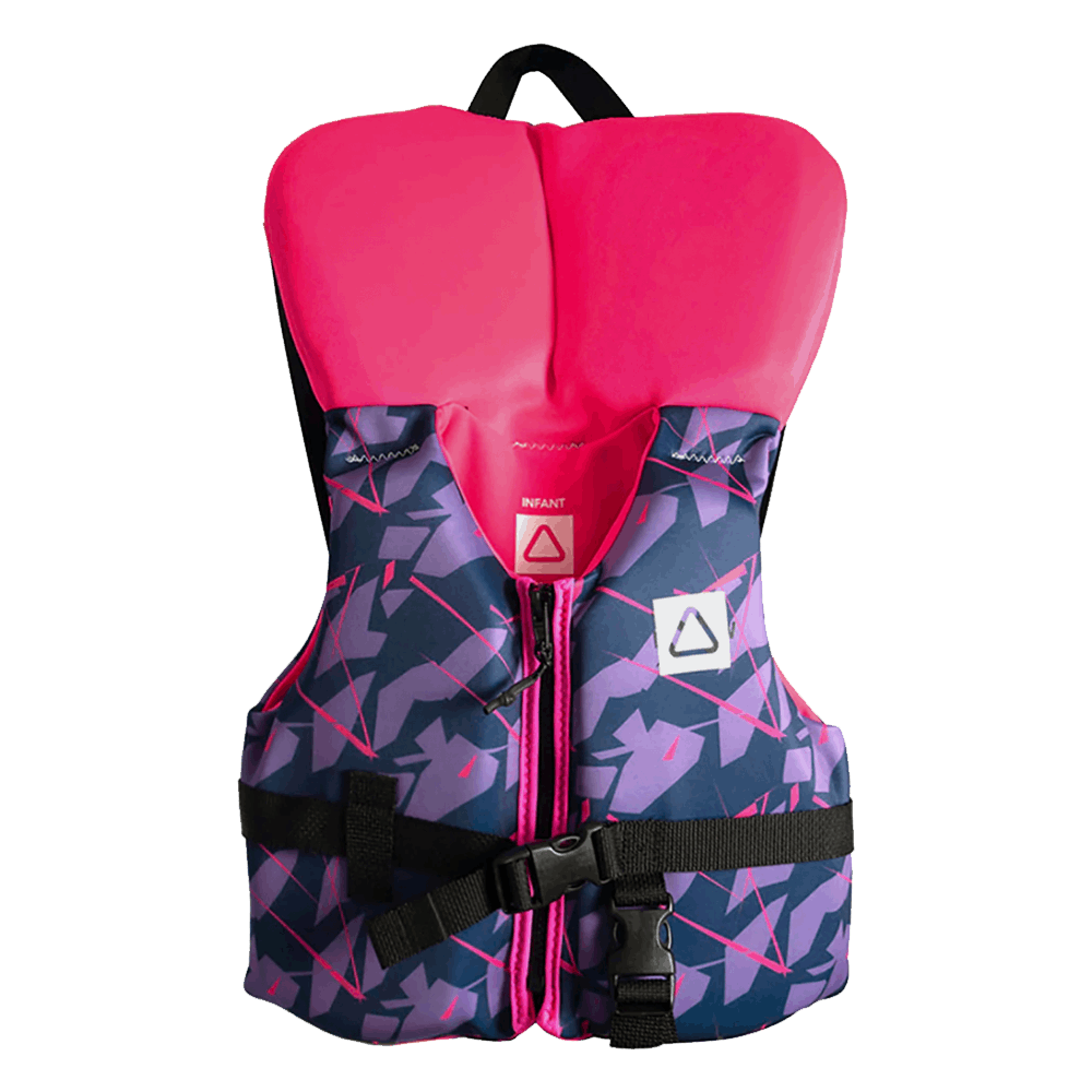 A pink and blue Follow Pop Infant CGA Jacket - Purple life jacket for girls that features an expander fit.