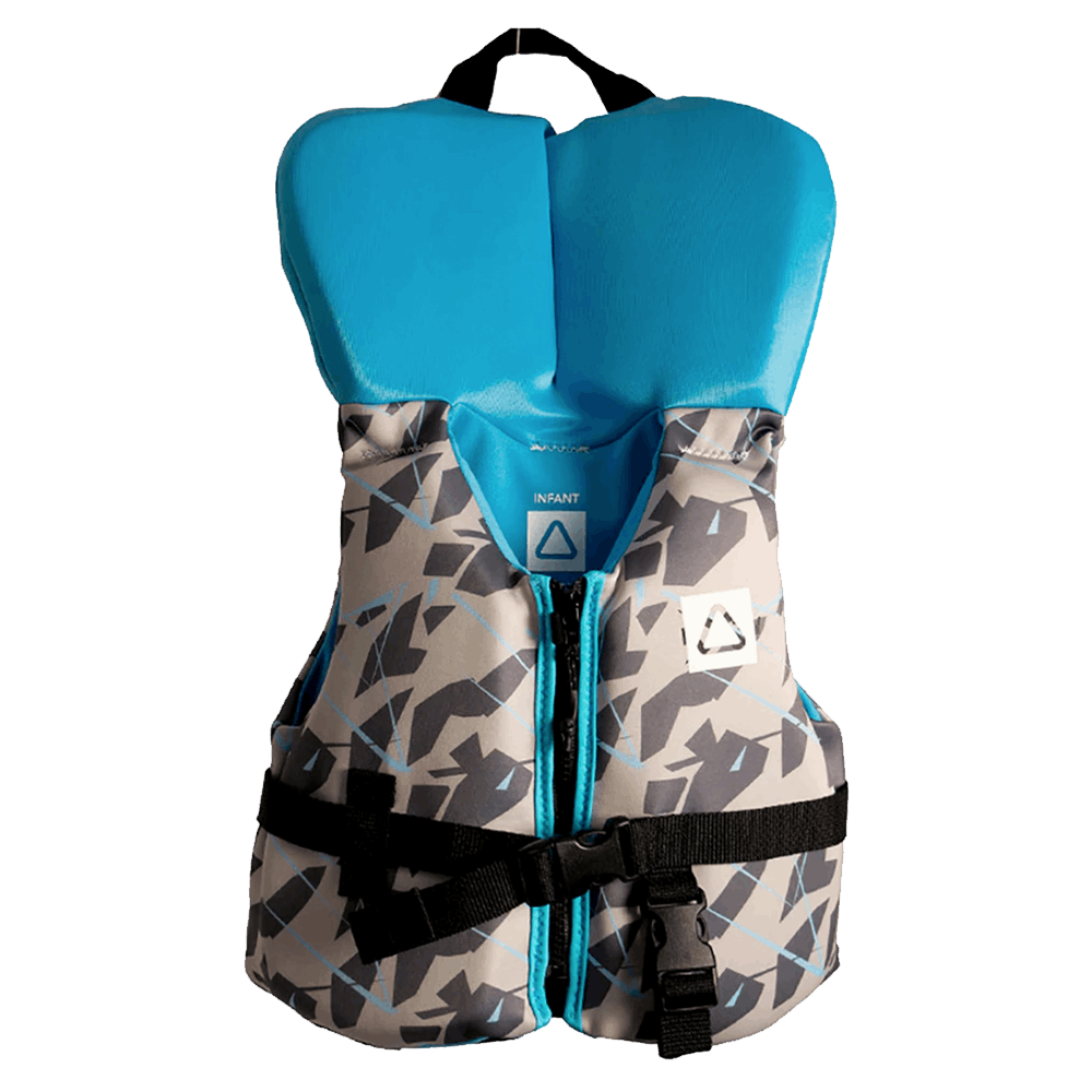 A Follow Wake child's life jacket with a Follow Pop Infant CGA Jacket - Camo and maximum fit adjustment.