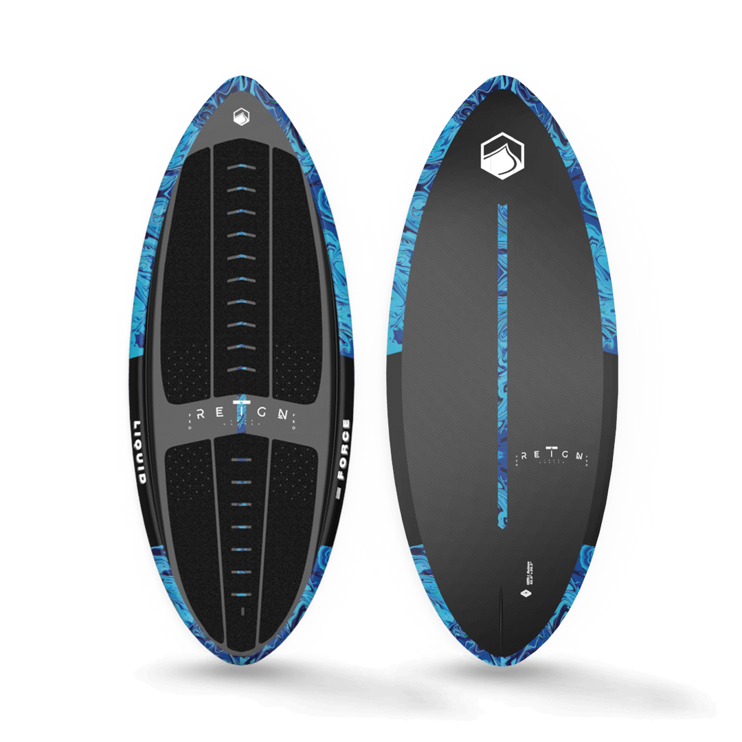 A Liquid Force 2023 Reign Pro Skim Board with a blue and black design, perfect for wake enthusiasts.