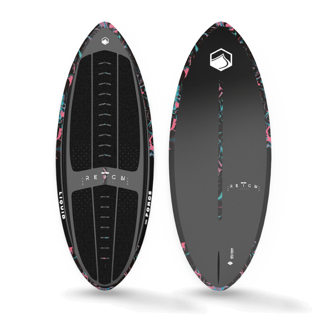 A Liquid Force Reign Pro Skim Board with a pink and black design, perfect for wakeboarding and skim slaying.