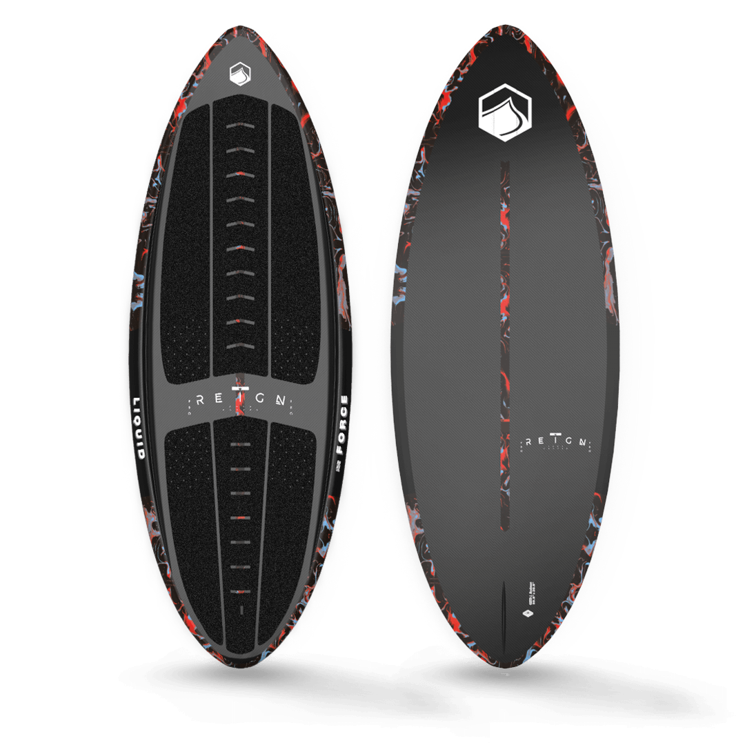 A Liquid Force 2023 Reign Pro Skim Board with a red and black design, perfect for Reign-ing champ skim slayers.