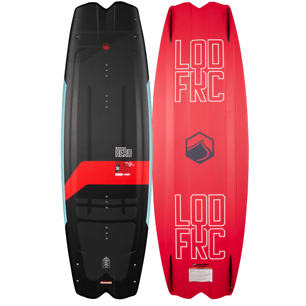 A lightweight 2021 Liquid Force Remedy Aero wakeboard in black and red with the word Liquid Force emblazoned on it.
