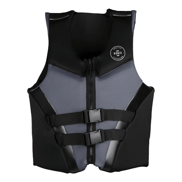 A water-resistant black and grey Ronix Covert CGA Vest designed to provide buoyancy.