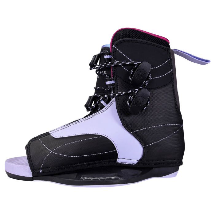 A pair of Hyperlite Eden Jr Wakeboard boots with Jinx Girls Bindings (K12-2) with an asymmetrical design on a white background.