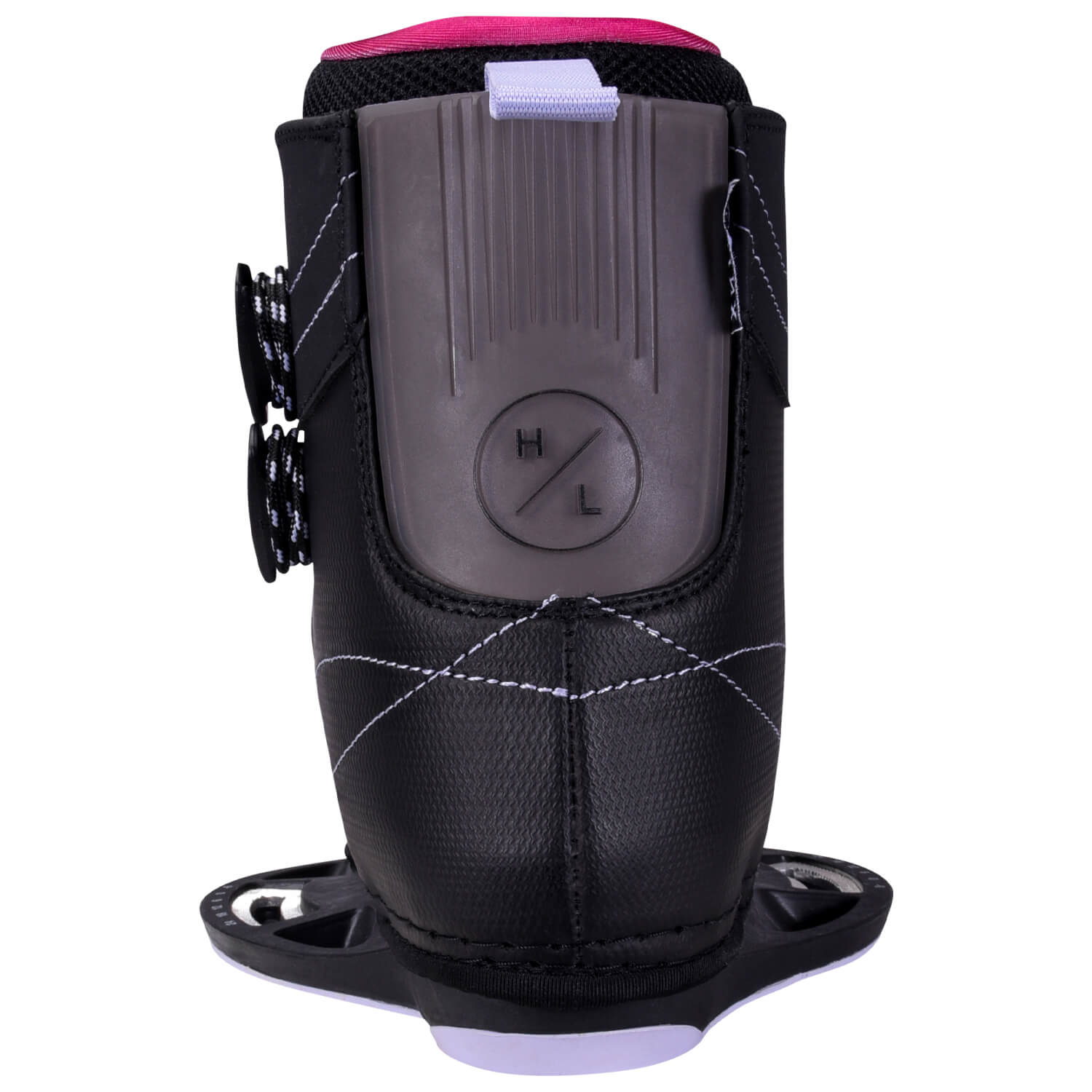 A pair of black and pink Hyperlite 2024 Womens Jinx ski bindings featuring adjustable wakeboard binding on a white background.