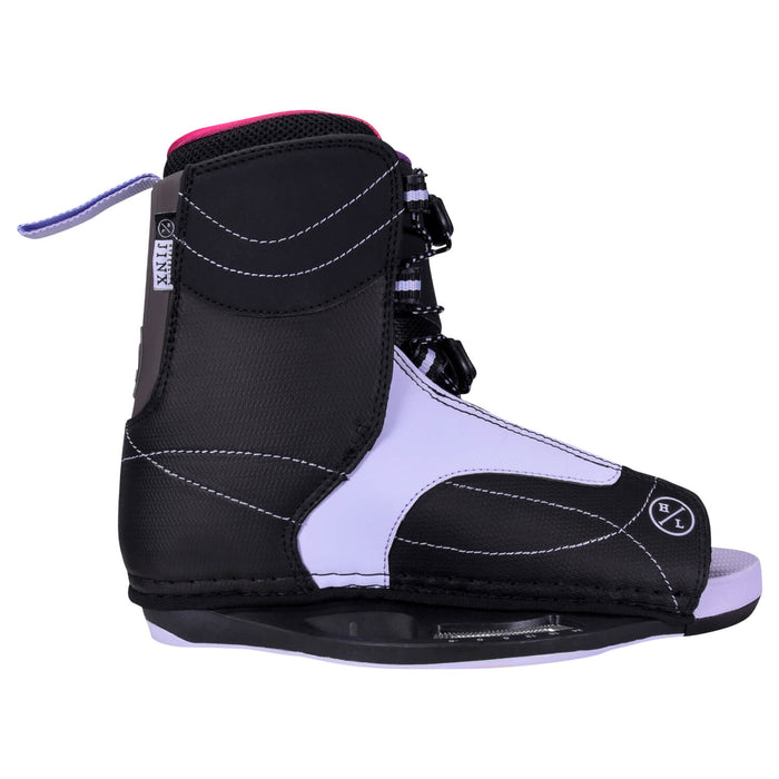 The Hyperlite 2024 Eden Jr wakeboard boots feature an asymmetrical design with a sleek black and pink color scheme, perfect for the adventurous world of wakeboarding.