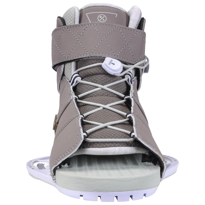 A pair of grey boots with Hyperlite 2024 Venice Wakeboard | Womens Viva Bindings.