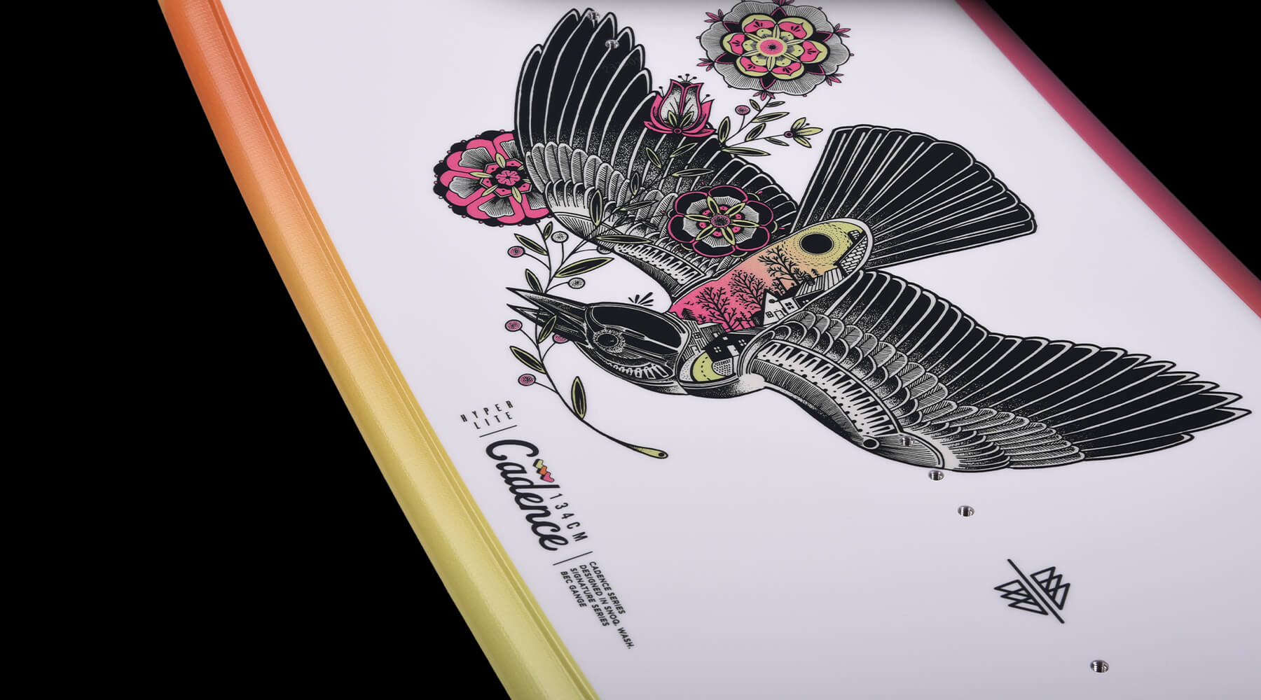 A Hyperlite 2024 Cadence Wakeboard with an image of a bird on it perfect for female athletes.