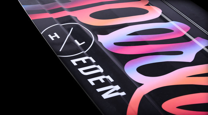 An asymmetrical Hyperlite 2024 Eden Jr Wakeboard with the word "Eden 2.0" adorned on it.